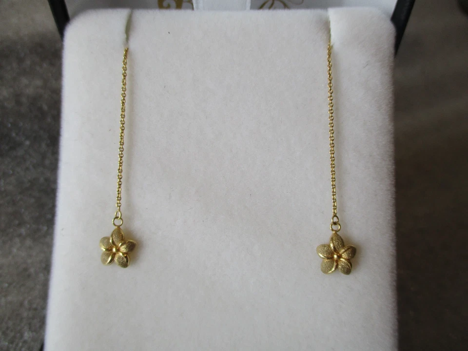 14K YELLOW GOLD FLOWER THREADER EARRINGS (CABLE CHAIN) - 0.95g - Image 3 of 4