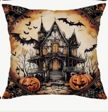 Vintage Haunted House Halloween Fall Throw Pillow Cover Fall Holiday Home Decor