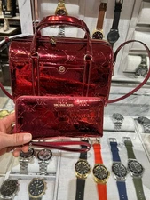 Michael Kors MK Medium Purse Satchel Handbag + Continental Zip Wallet Set Cherry