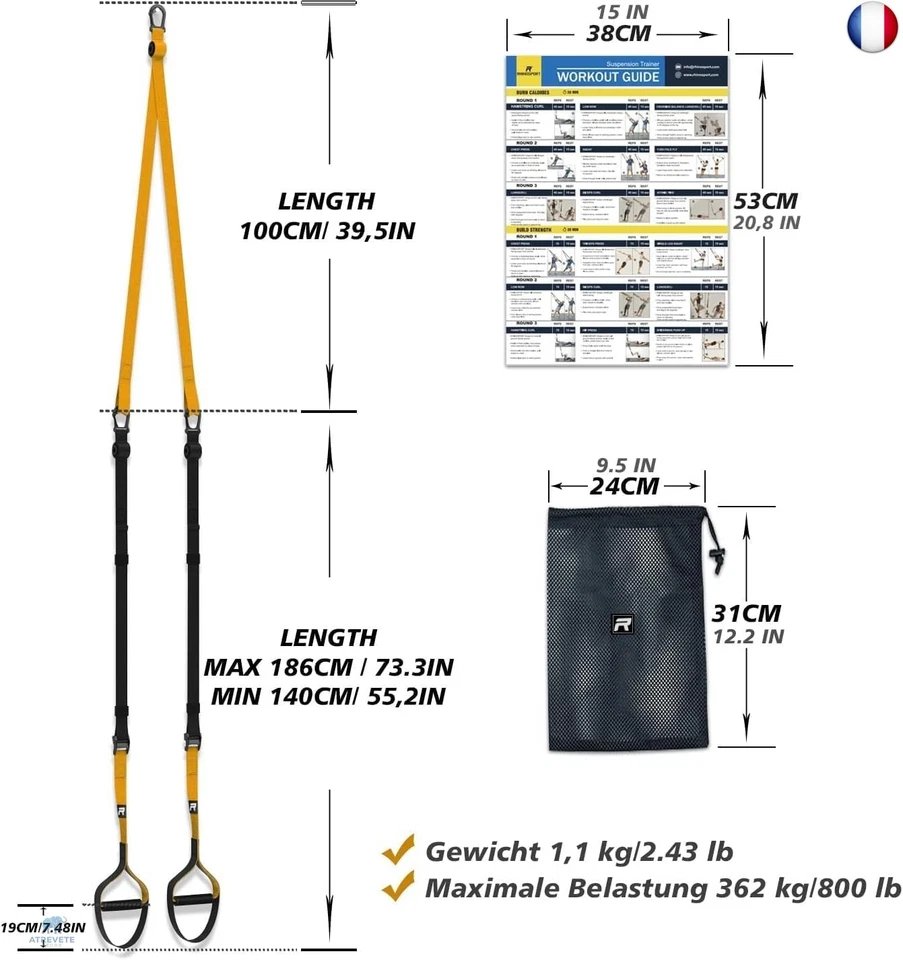 RHINOSPORT Sangles de Suspension Kit d'entraînement avec Crochet de Porte - Photo 3/4