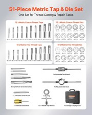Tap and Die Set, 51-Piece Metric Sizes M6 to M24, with Coarse and Fine Thread Ta
