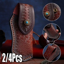 2/4Pcs - Carved Cow Leather Sheath for 5" Folding Knife Cover Pouch Belt Clip