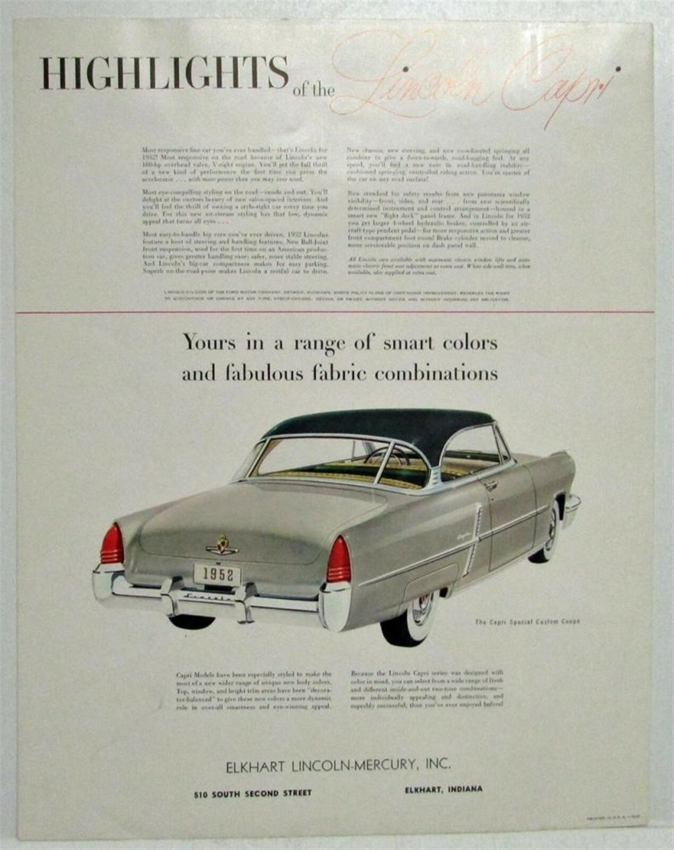 1952 Lincoln Capri Coupe Convertible Sedan Custom Sales Folder XL