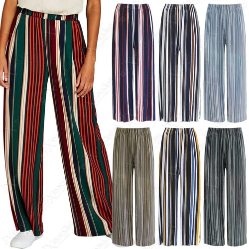 Nuevo de Mujer Estampado Rayas Pantalones Palazzo para Dama,Largas Campana  | eBay