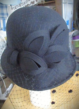 Something Special Black Wool Netted Cloche Leaf Embellished Hat NWT
