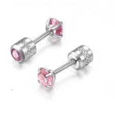 Women Men Silver Stainless Steel Round Pink CZ Stud Earrings Screw Back Gift