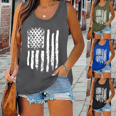 Women Independence Day Print Tank Tops Summer Casual Sleeveless Vest Tops Y