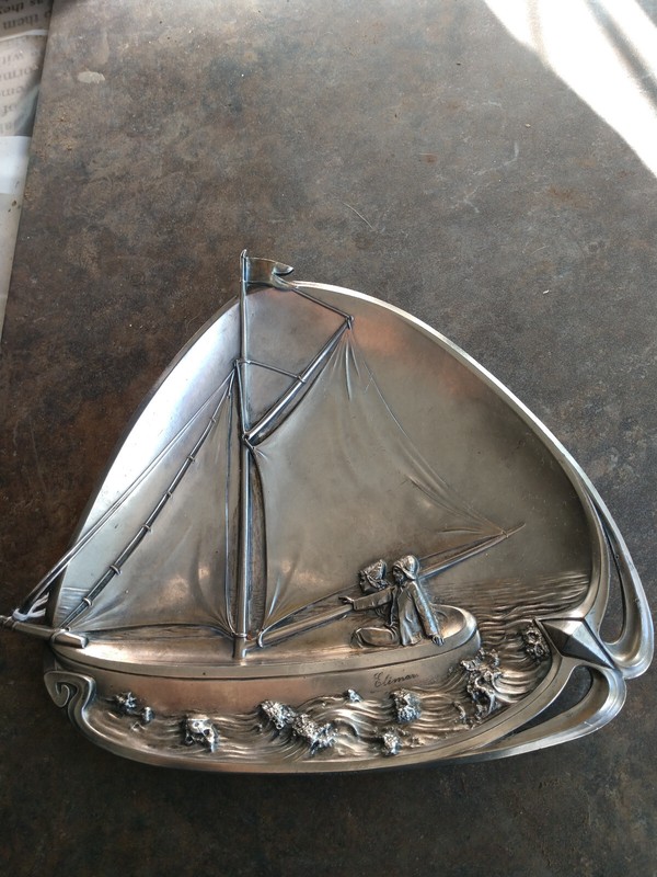 WMF antique  card tray Jewel tray boat with two children on the sea