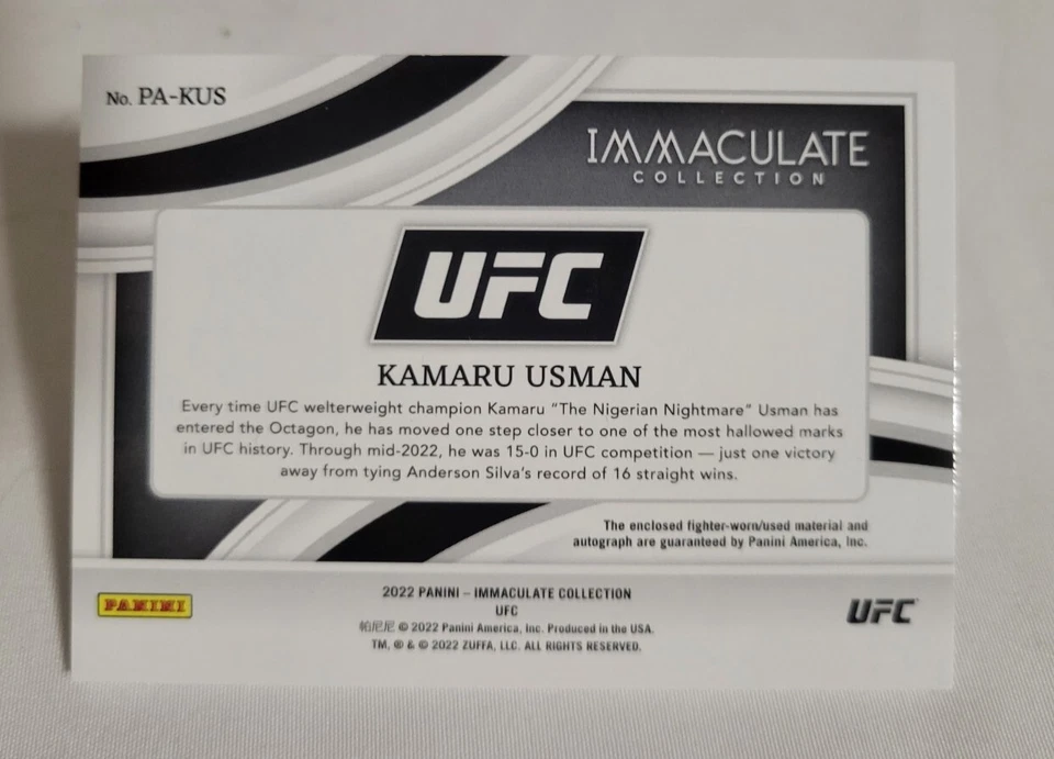 2022 Immaculate UFC KAMARU USMAN Premium Patch On Card Autograph /49 Belt Champ - Image 2 of 2