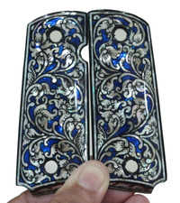 COLT 1911 DEFENDER OFFICER COMPACT GRIPS KIMBER PEARL FLOWER ART BLUE NICE GIFT