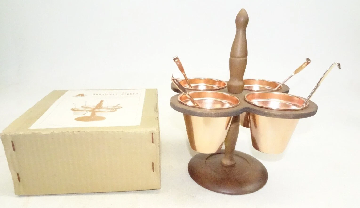 Vintage Table Sauce Server Artwood Quadruple + Ladles Wood Copper Japan NOS