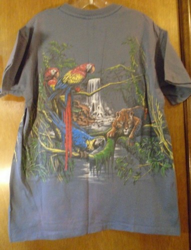 Blaues T-Shirt mit Vögeln, Chita und einem Wasserfall Gr. L - Bild 3 von 5