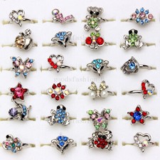 50Pcs Wholesale Mix Lots Cute Crystal Children Kids Silver Adjustable Rings