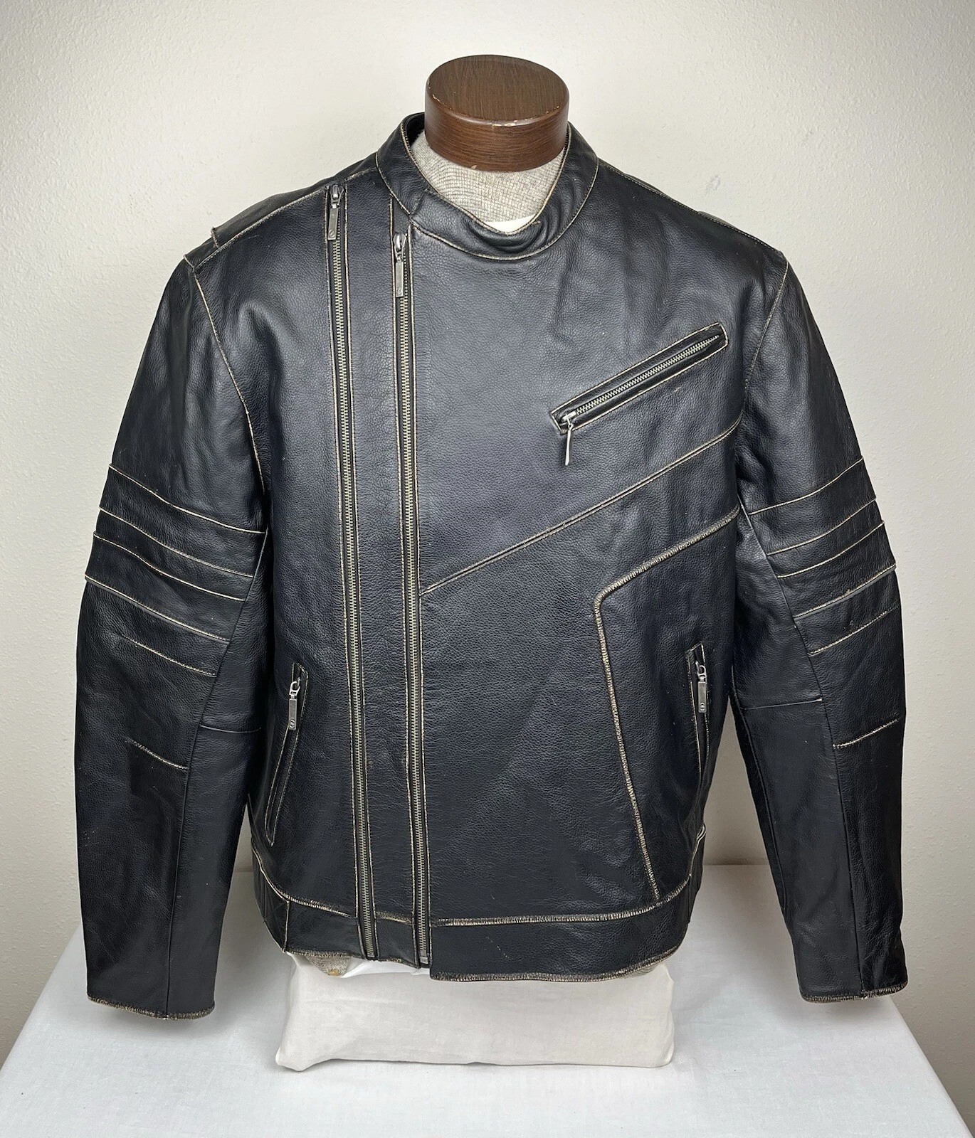 Yamaha Star Motorcycles Distressed Black Leather Jacket YKK Zip Up Mens Sz Large