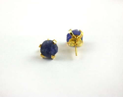 Natural Tanzanite Raw December Birthstone 18k Gold Plated Brass Studs Earrings - Picture 3 of 6