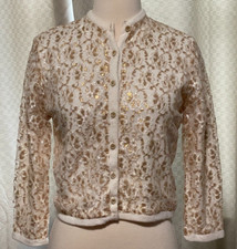 Vintage 1960  s Park Storyk Sweater Ivory and Gold Metallic Sparkle Lace Overlay