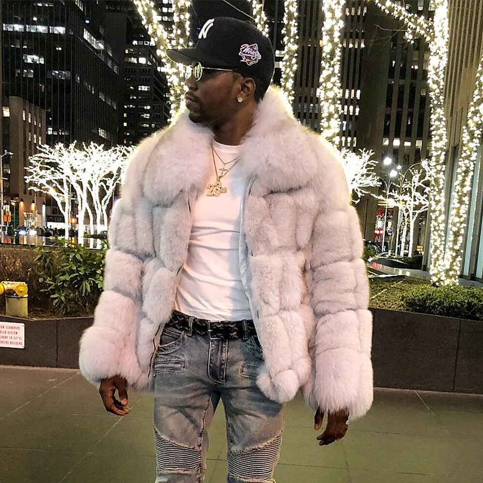 Winter Mens Real Fox Fur Bomber Jackets Fashion Natural Fur Squares Coat Outwear - Image 4 of 4