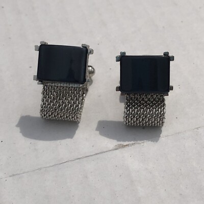 Silver Tone SWANK Gray/Black Lucite Center Stone Mesh Wrap Cufflinks