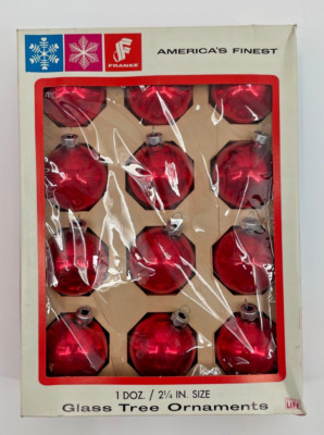 Vintage Franke America's Finest Red Glass Tree Ornaments Set Of 12 Original Box