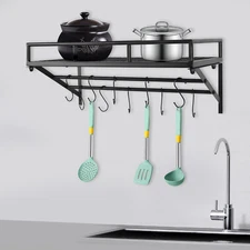 Kitchen Wall-mounted Pot Rack 10-hooks Storage Rack With 2 Hanging Rails Home