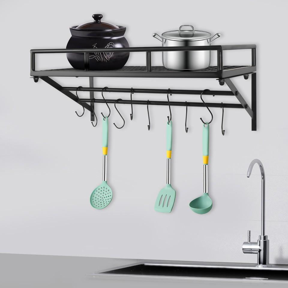 Pot & Pan Rack Kitchen Wall Mounted Storage Shelf Cookware Pan Pot Organizer Rack with ...