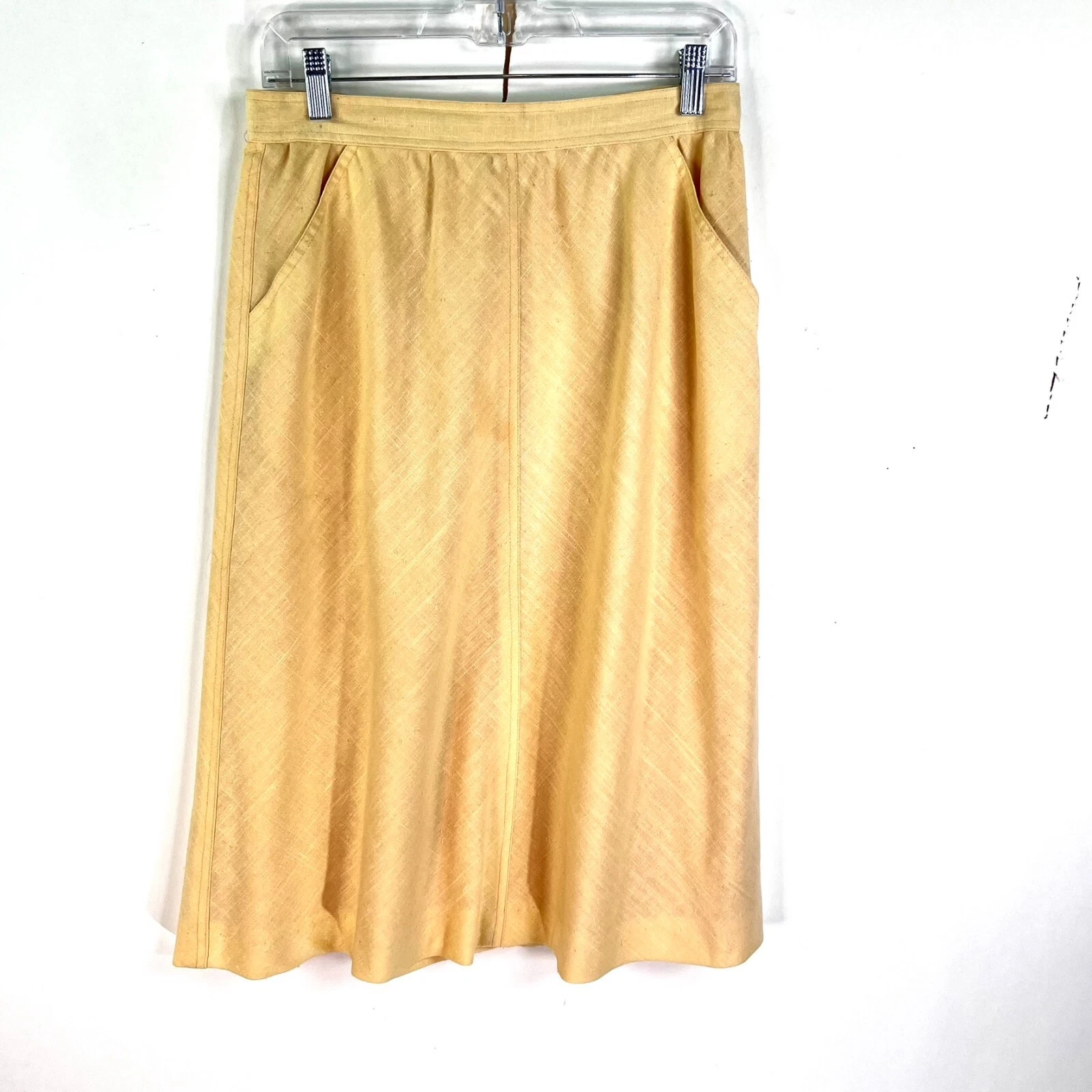 Vintage Evaa Picon A Line Linen Skirt Women's Size 14 Yellow Pockets Zip-Button