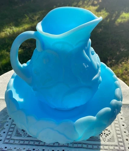 Vintage Fenton Blue Satin Water Lily Milk Glass Pattern Pitcher & Basin