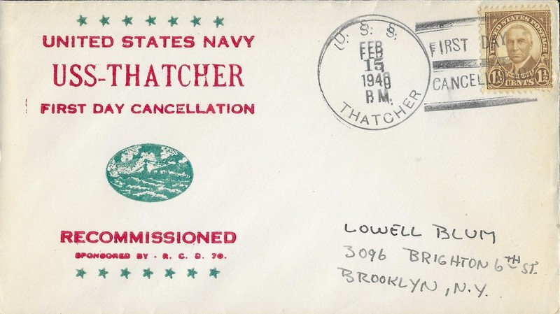 16 Feb 1940 Naval Cover, First Day Cancellation, USS Thatcher DD-514