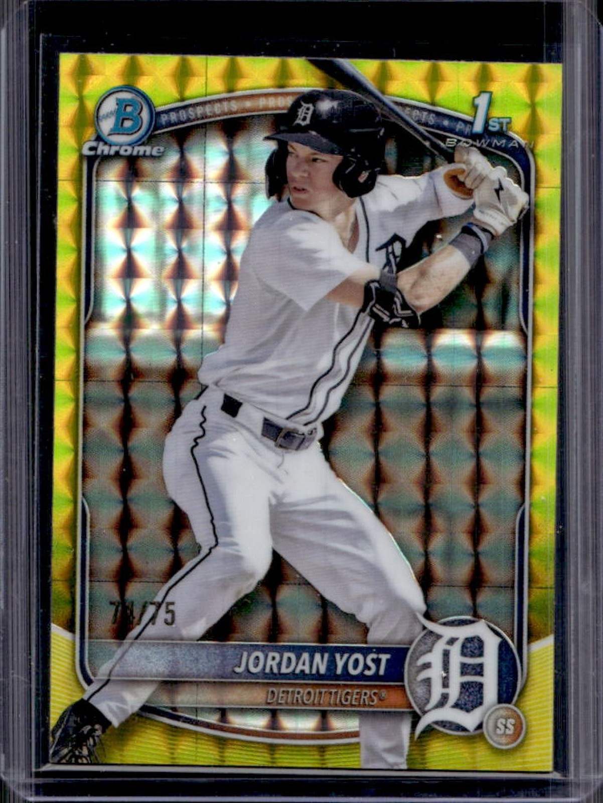 2025 Bowman Draft Jordan Yost Chrome Yellow Geometric Refractor 1st #/75 Tigers
