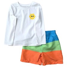 Toddler Boys White Sun Rash Guard Shirt  Colorful Stripe Swim Trunks Set 3T
