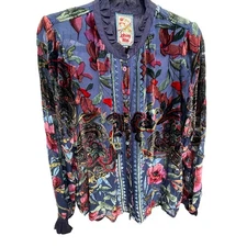 Johnny Was Clara Burnout Leda Button Down Top Navy Floral Velvet Small 