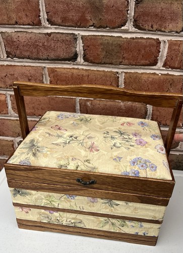 Wooden Floral Sewing Box or Jewelry Keepsake Box Chest With Tray Vintage  Nice !