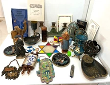Vintage Large Judaica Lot Mezuzah Candle Holder Hamsa Kiddush Cup & More Judaism