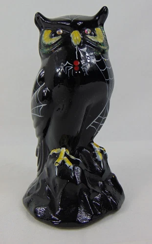Vintage Fenton Halloween Black Glass Painted “Webster” Owl Figurine Statue 6”