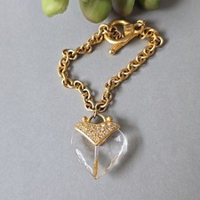 Vintage Gold Brushed Clear Lucite Heart Charm Chain Bracelet 7" Wrist