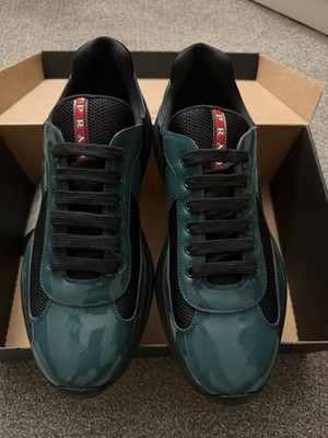 PRADA America's Cup Men's Low Top Lace-Up Sneakers Green/Black BRAND NEW w/ Box