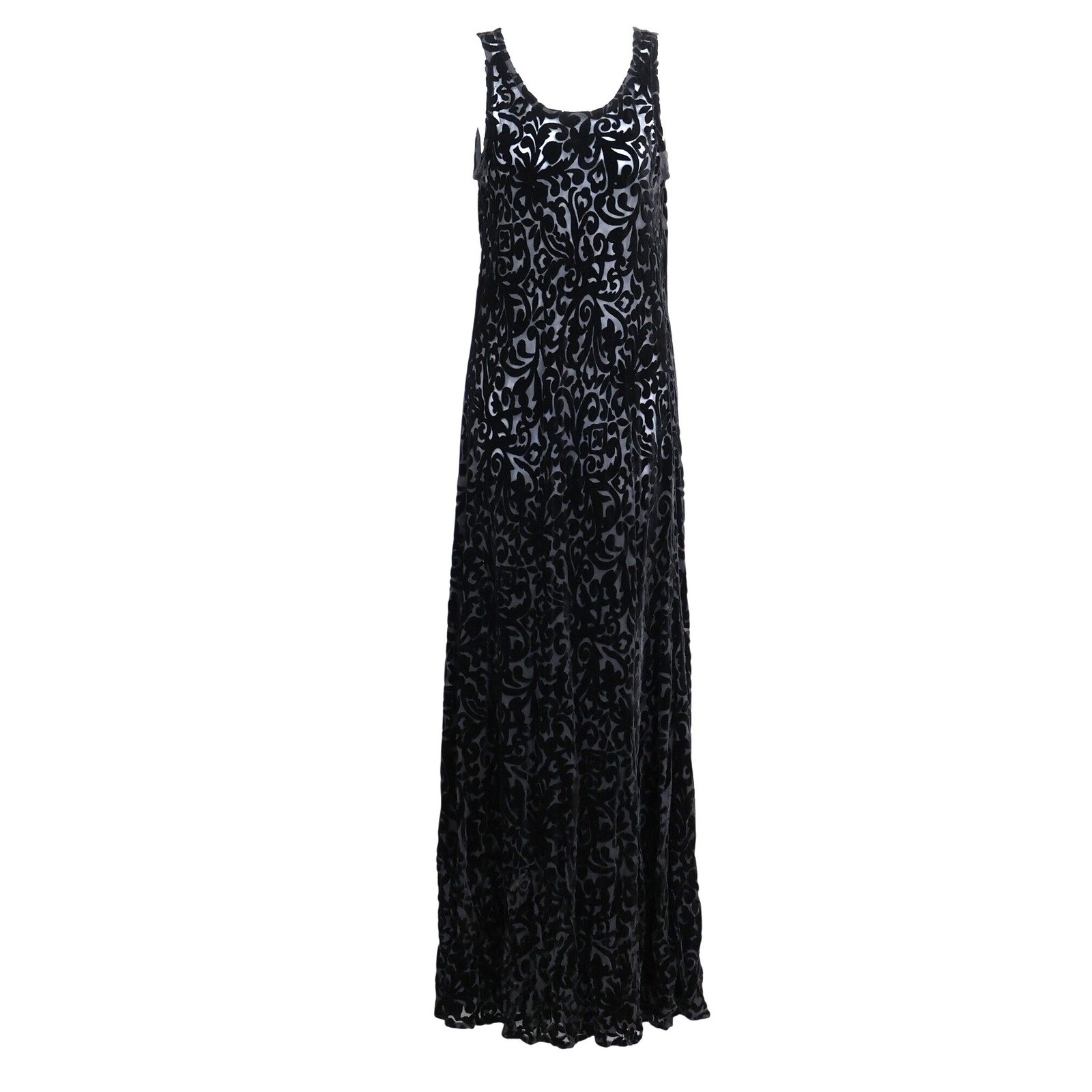 Sarah Campbell Black Burnout Velvet Damask Maxi Dress Womens L Gown Formal Boho