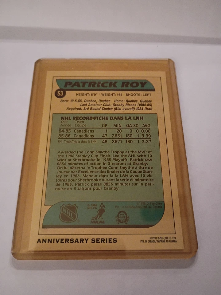 Patrick Roy #19 1992-93 O-Pee-Chee 25th Anniversary Montreal Canadiens Auto  - Image 2 of 2