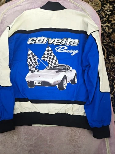 Chevrolet Corvette Racing Jacket Mens Large Blue White Snap Front Vintage Style - product listing photo