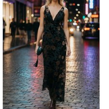 Reformation Hugo Dress Women 0P Black Brown Velvet Floral Burnout Maxi Open Back