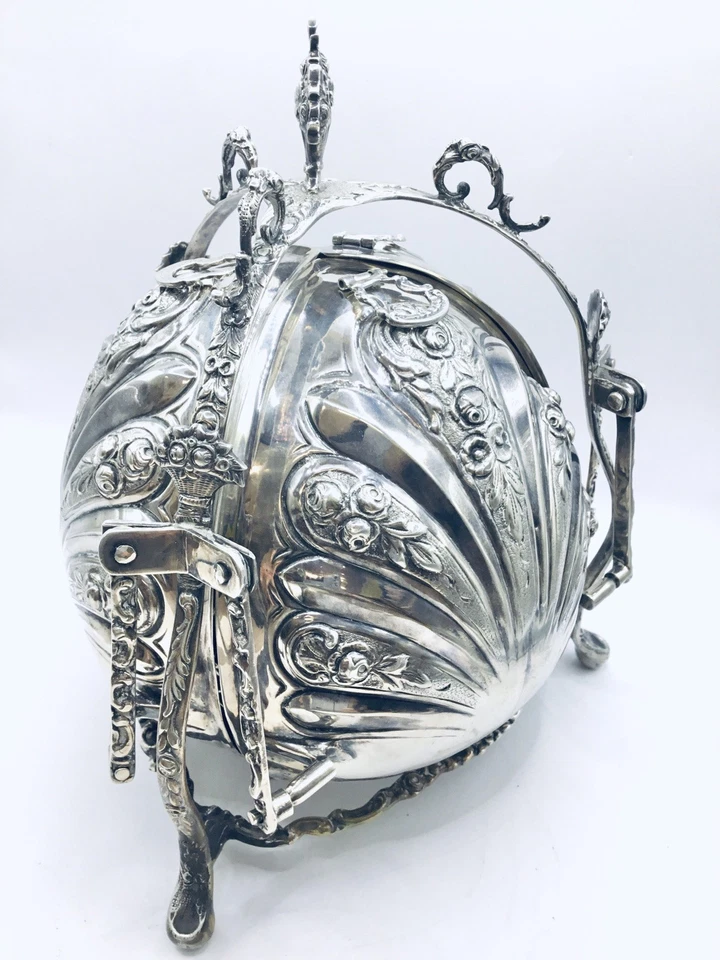 Caja de galletas plegable triple de plata de ley rara decoración floral ornamentada 47,9 OZT Foto 3 de 4