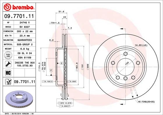 Disque de frein 09.7701.11 BREMBO pour BMW en acier carbone ventilé avant