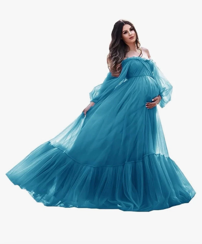 Fancy Maternity Dress Robes for Photo Shoot Ruffle Tulle Chic Prom Party Robes - Image 2 of 2