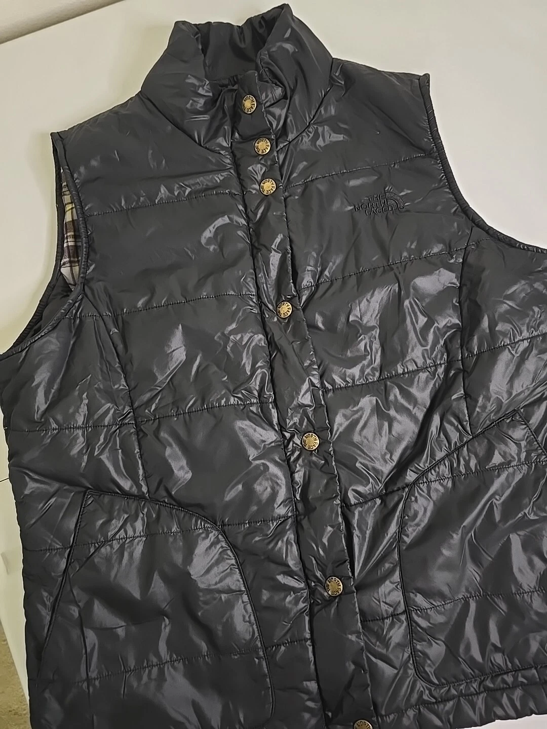 The North Face Vest Primaloft Men Sz LARGE Black Puffer Flannel Lined EUC