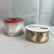 Lot of 2 Cloth Ribbons: Rose Design and White Silver Trim NIP Holiday 3 yds ea