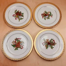 Vintage 1991 Royal Gallery Gold Buffet Christmas (4) Salad Plates, 8 3/8" Decor