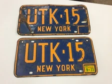 PAIR Original UTK-15 NY New York Blue/Yellow License Plates Garage Memorabilia