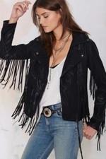 Womens Cowgirl Jacket Suede Leather Black Fringe Native American Western Style