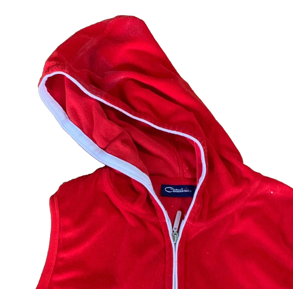De Colección Rojo Catalina Chándal con Capucha Terry Tela Sin Mangas Cremallera Chaleco Pantalón Grande Foto 4 de 4