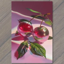 4x6"  Disco Ball Cherries Mirror Ball Disco Pink Red Cherry Strange Unusual